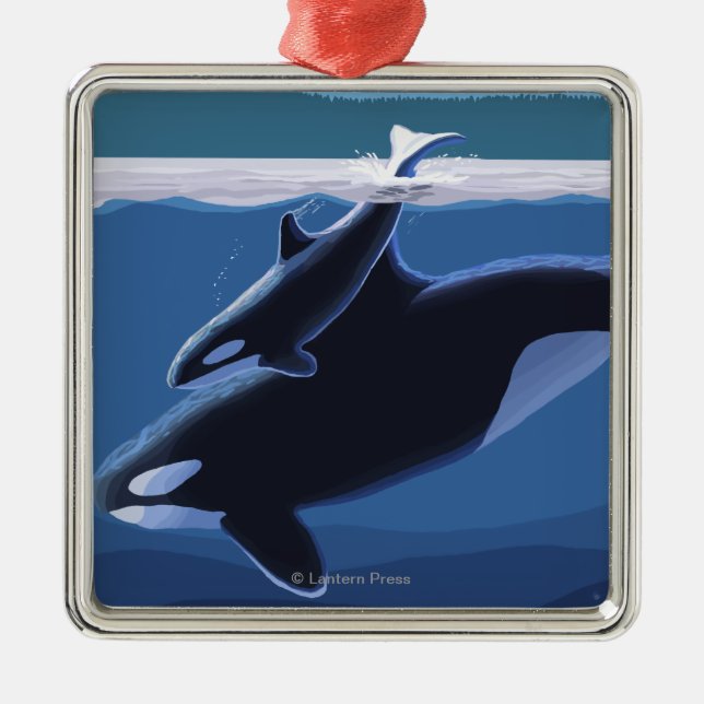 Seward, AlaskaOrca und Kalb-Szene Silbernes Ornament (Vorne)
