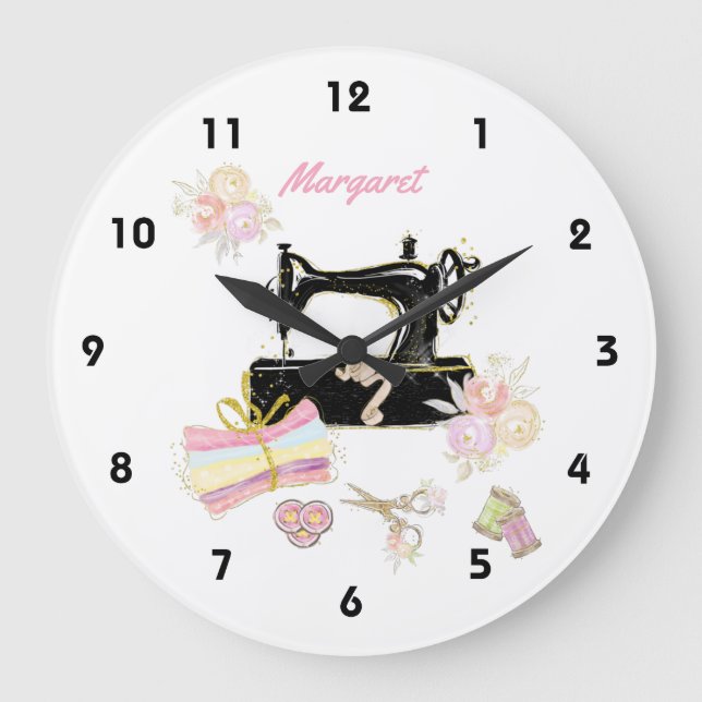 Sewing Machine And Fabric Große Wanduhr (Vorderseite)