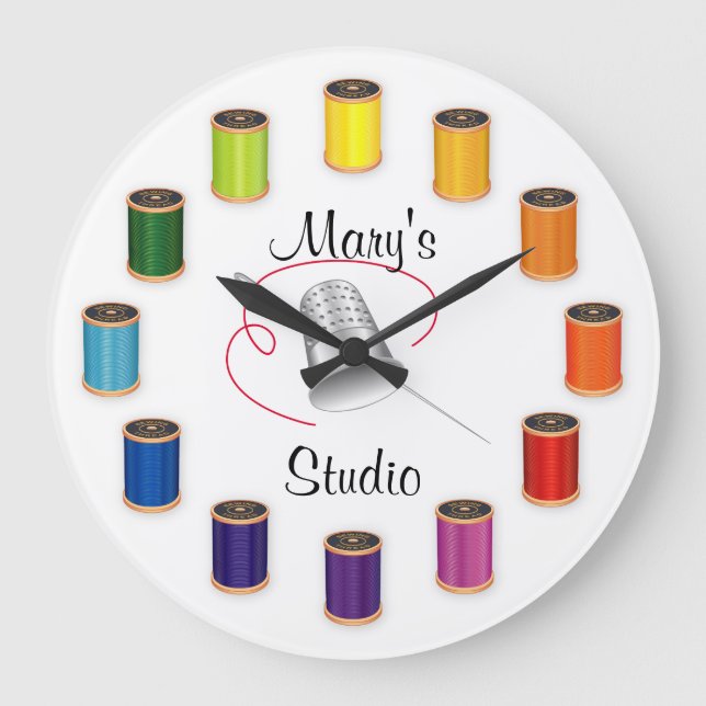 Sewing Thimble, Needle and Threads Große Wanduhr (Vorderseite)