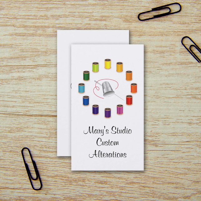 Sewing Thimble, Needle and Threads Visitenkarte (Sewing Business Cards
design for artists who love to sew, tailor, quilt, embroider or craft. )