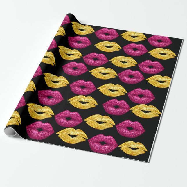 Sexuelles Rosa und goldenes Lippenmuster Geschenkpapier (Ungerollt)