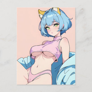 Sexy Anime-Frau in rosa mit blauem Haar Postkarte