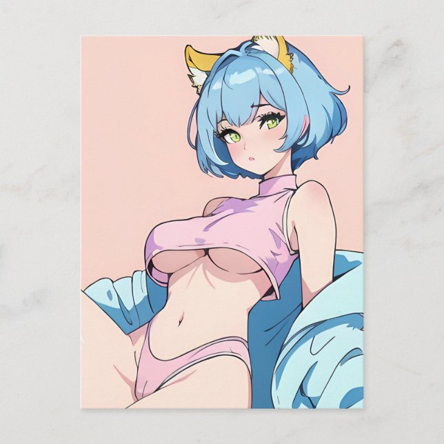 Sexy Anime-Frau in rosa mit blauem Haar Postkarte (Vorderseite)
