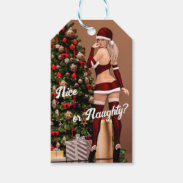 Sexy Santa Girl in der Nähe des Weihnachtsbaumes Geschenkanhänger