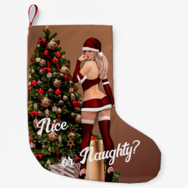 Sexy Santa Girl in der Nähe des Weihnachtsbaumes Kleiner Weihnachtsstrumpf
