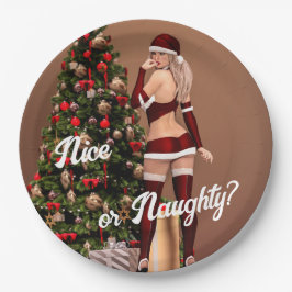 Sexy Santa Girl in der Nähe des Weihnachtsbaumes Pappteller