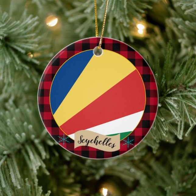 Seychellen, Rote Büffel kariert & Seychellen Flag Keramik Ornament (Baum)