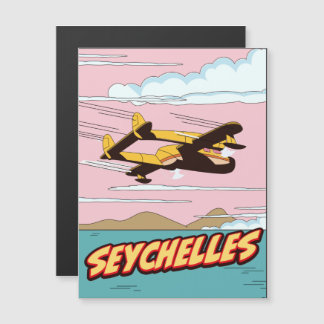 Seychelles Cartoon Reiseplakat. Magnetkarte