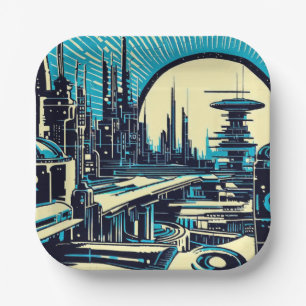 SF Futuristischer Stadtwaldschnitt 3 Pappteller