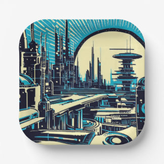 SF Futuristischer Stadtwaldschnitt 3 Pappteller