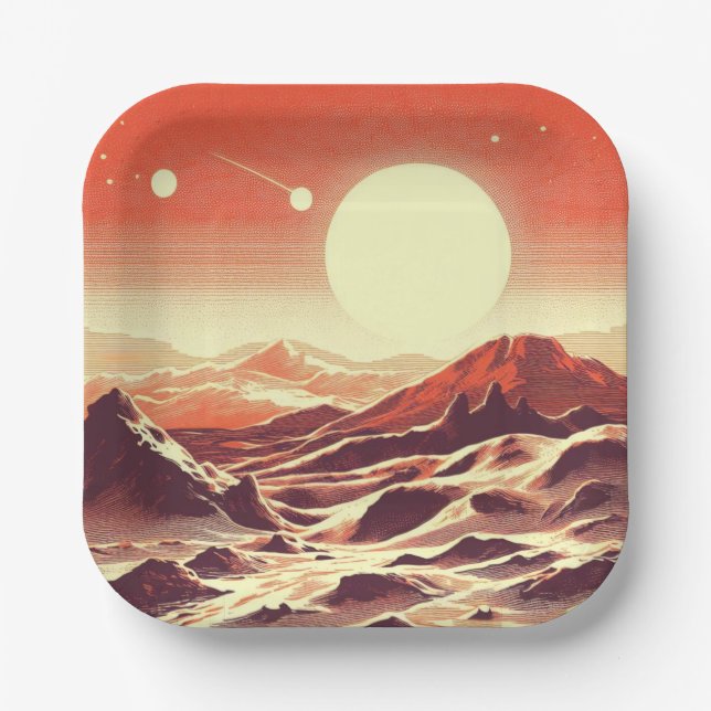 SF Mars Landschaft Holzschnitt 2 Pappteller (Vorderseite)
