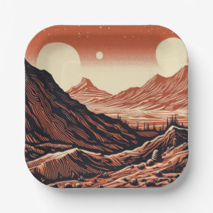 SF Mars Landschaft Holzschnitt 4 Pappteller