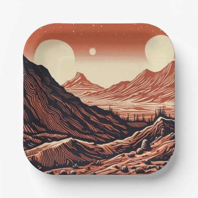 SF Mars Landschaft Holzschnitt 4 Pappteller (Vorderseite)