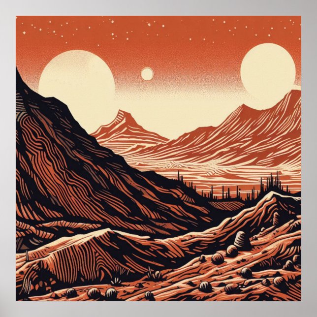 SF Mars Landschaft Holzschnitt 4 Poster (Vorne)