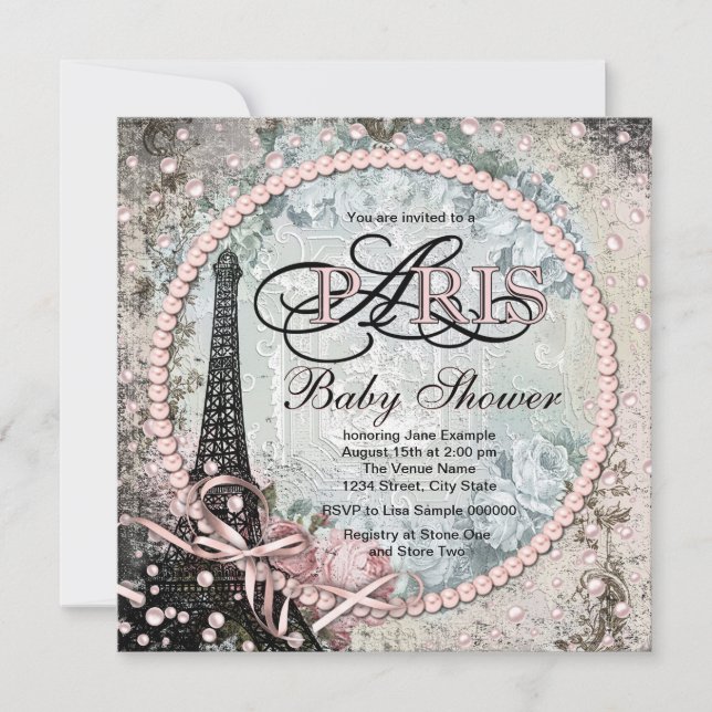 Shab Chic Paris Baby Shower Einladung (Vorderseite)