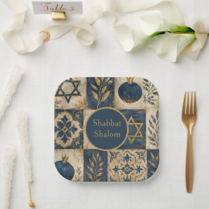 Shabbat Schalom-Papierteller, Navyblau Gold Judaic Pappteller