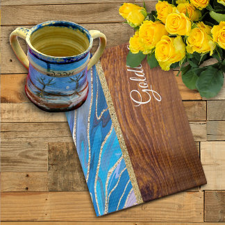 Shabbat Shalom Blue Marble on Wood Effect Geschirrtuch