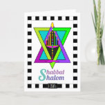 Shabbat Shalom Grußkarte Karte<br><div class="desc">Diese sehr farbenfrohe und helle Menorah stolz sitzen auf einem ziemlich bunten Stern von David und trägt die fröhliche Shabbat Shalom Nachricht.  Interieur-Karte ist koordiniert,  grenzt und hat Datums-Bereich,  alles für Ihr Schreibgenuss. Shabbat Shalom!  ~ Karin</div>