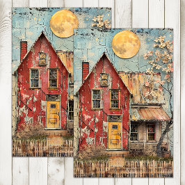 SHABBY ALT RED HOUSE MIXED MEDIA DECOUPAY SEIDENPAPIER