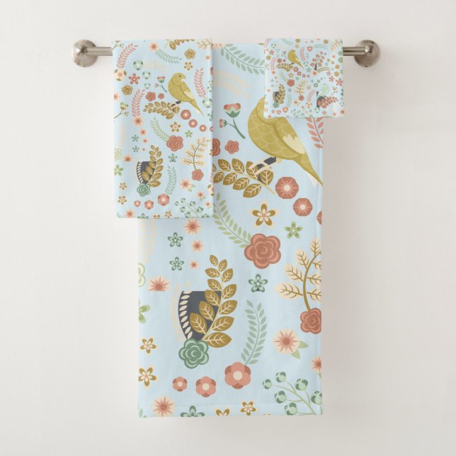 Shabby Birds & Branches Blue Bath Handtuch Set (Insitu)
