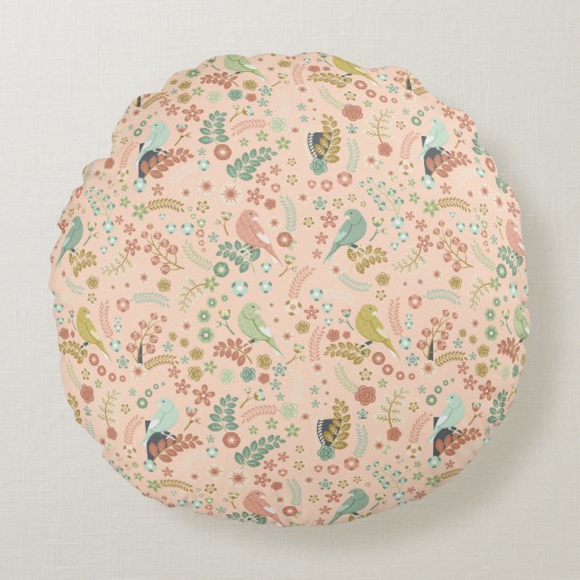 Shabby Birds & Branches Pastel Lachs Rundes Kissen (Vorderseite)