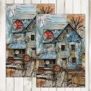SHABBY BLAUE BAHNHOF GEMISCHTE MEDIENDECOUPAGE SEIDENPAPIER