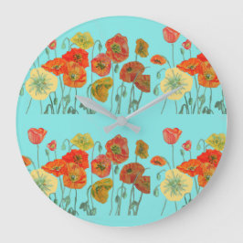 Shabby Chic Aqua Poppy Blume Kunst, Dichtung und M Große Wanduhr