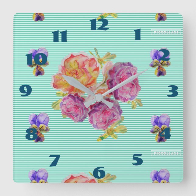 Shabby Chic Aqua Rose Rose Blumenraum Türkis Quadratische Wanduhr (Vorderseite)