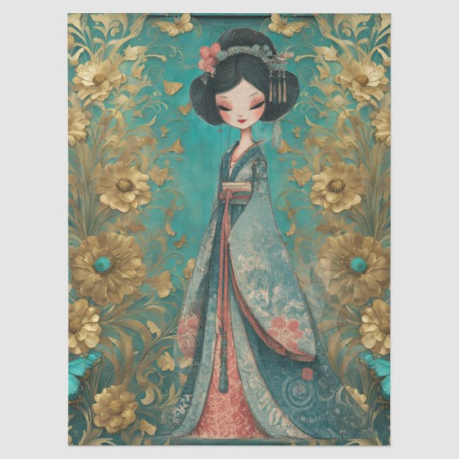 Shabby Chic Aquamarin Floral Geisha Craft Seidenpapier (Vorderseite)