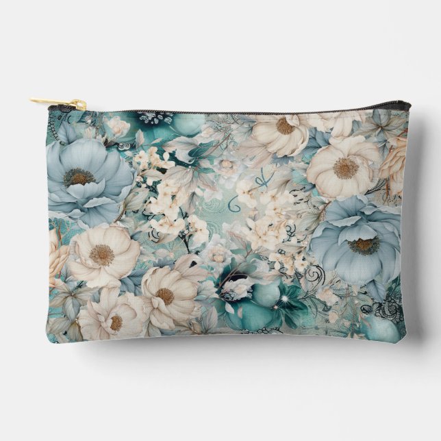 Shabby Chic Aquamarine Pastelfloral Make-up-Tasche Zubehörtasche (Vorderseite)