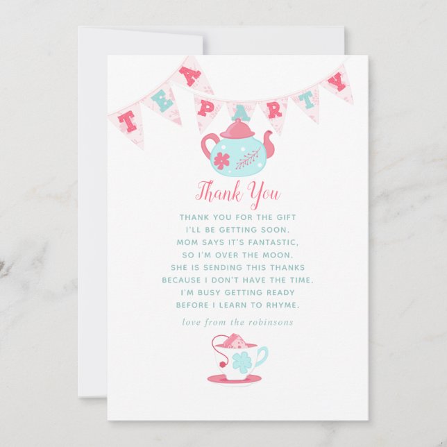 Shabby-Chic Baby Shower Tee Party Vielen Dank Dankeskarte (Vorderseite)