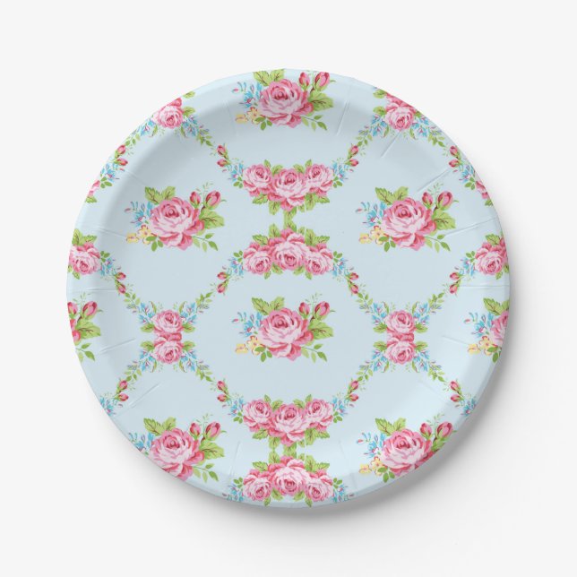 Shabby Chic, Babyblau, Rote Rosen, viktorianisch, Pappteller (Vorderseite)