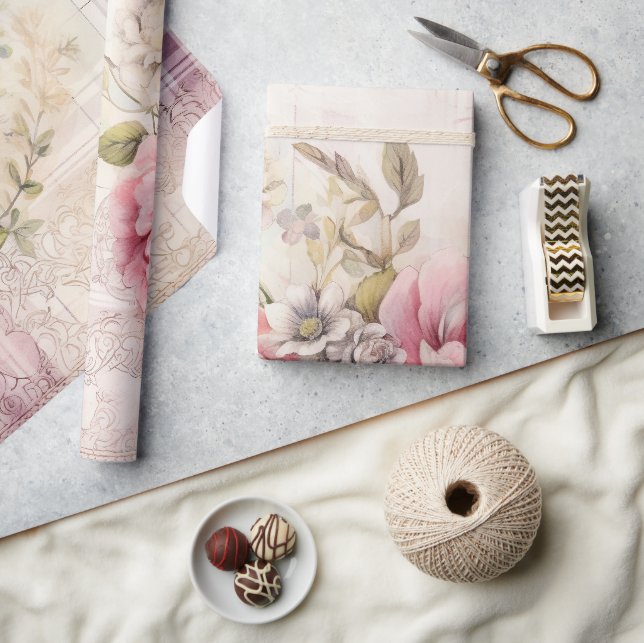 Shabby Chic bedrückt Pink Weihnachtslace Floral Geschenkpapier (Kunsthandwerk)
