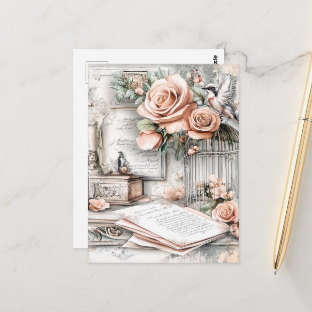 Shabby Chic Bird Cage & Rose Postkarte (Vorderseite/Rückseite Beispiel)