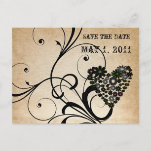 Shabby Chic Black Heart Save the Date Ankündigungspostkarte