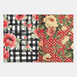Shabby Chic Black & White Kariert Red Heart Mix Geschenkpapier Set