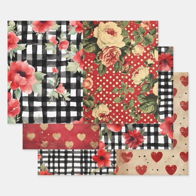 Shabby Chic Black & White Kariert Red Heart Mix Geschenkpapier Set (Set)