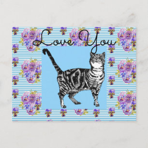 Shabby Chic Blau gestreifte getigerte Katzenliebe Postkarte