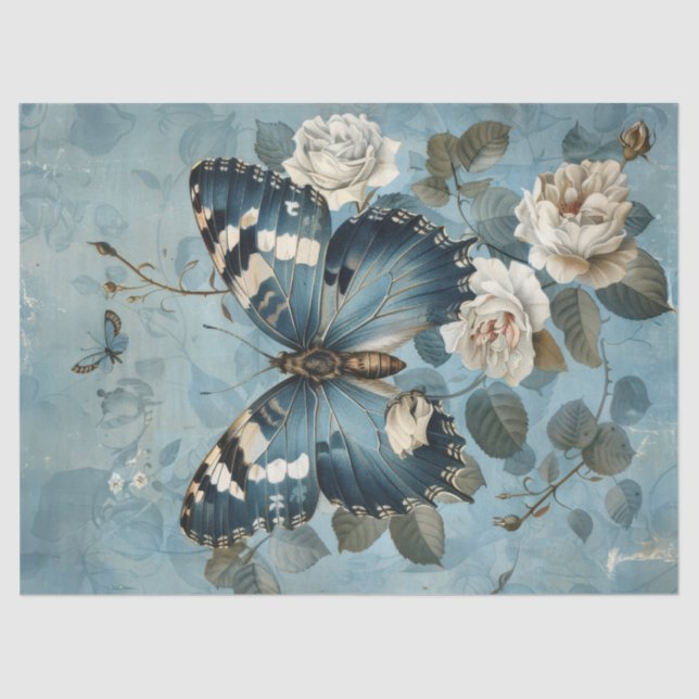 Shabby Chic-Blauer Schmetterling und Rose-Papierta Seidenpapier (Vorderseite)