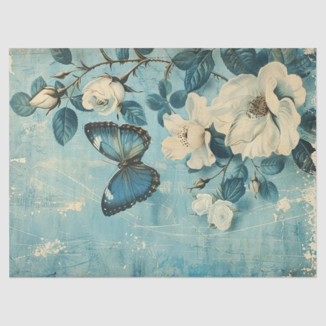 Shabby Chic-Blauer Schmetterling und Rose Seidenpapier (Vorderseite)
