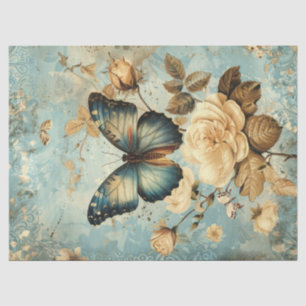 Shabby Chic-Blauer Schmetterling und Weißrosen Seidenpapier