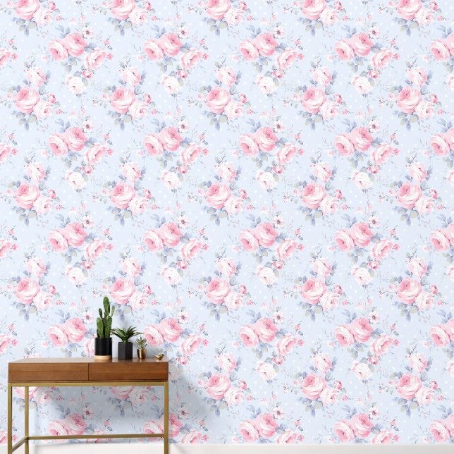 Shabby Chic Blaurosa Rosenmuster Tapete (Korridor)
