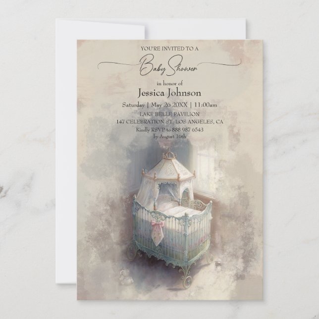 Shabby Chic Blue Baby Crib Kinderdusche Einladung (Vorderseite)