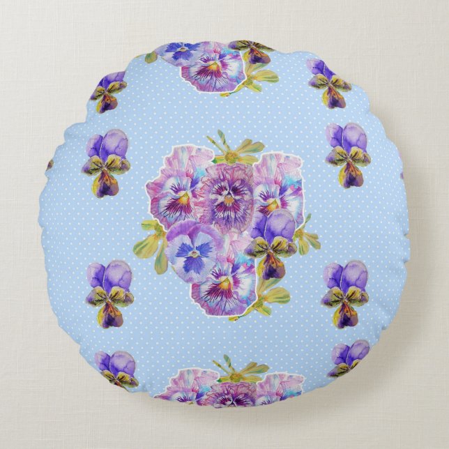Shabby Chic Blue Floral Fleurs rond Coussin (Devant)