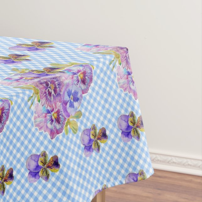Shabby Chic Blue Gingham Pansy Floral Tablecloth Tischdecke (Beispiel)