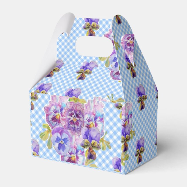 Shabby Chic Blue Gingham Pansy Wedding Floral Cake Geschenkschachtel (Vorderseite)