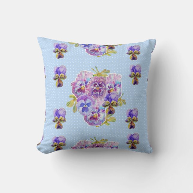 Shabby Chic Blue Pansy Floral Aquarelle Coussin (Recto)
