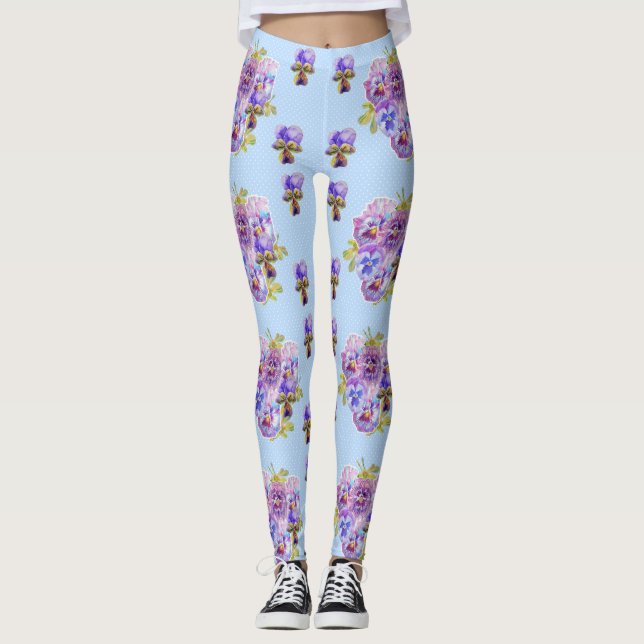 Shabby Chic Blue Pansy Floral Dot Leggings (Vorderseite)