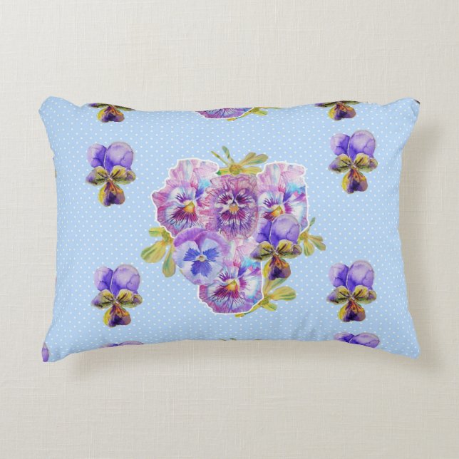 Shabby Chic Blue Pansy Floral Polka Dot Cushion Dekokissen (Vorderseite)