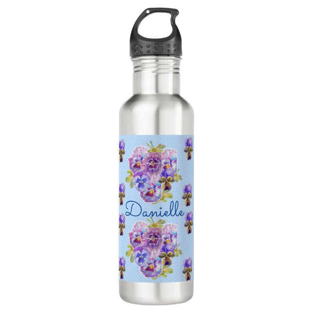 Shabby Chic Blue Pansy Floral Polka Dot Edelstahlflasche (Vorderseite)